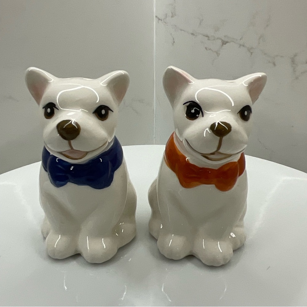 White French Bulldogs with bow ties salt and pepper shakers
